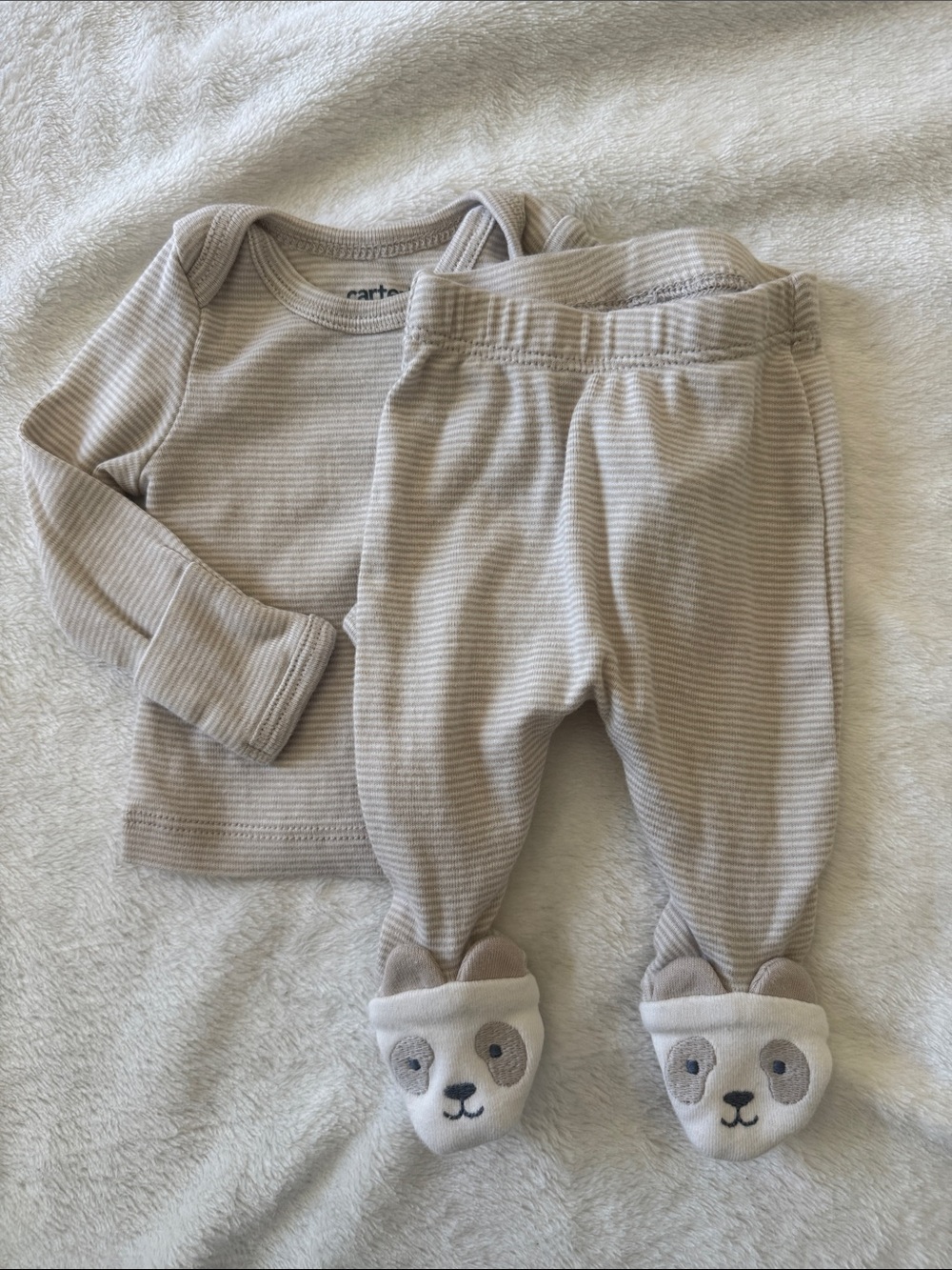 Carter's PREMIE Neutral Striped Baby Footed Set with Bear Accents